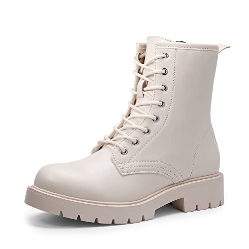 DREAM PAIRS Stiefeletten Damen Herbst Schnürboots Damen Schnürstiefel Damen Biker Boots Damen mit dicker SohleBeige Weiß SDAB2207W-E Größe 41 (EUR) von DREAM PAIRS