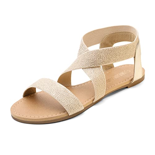 DREAM PAIRS ELATICA-6 Damen Flache Sandalen mit Elastischem Knöchelriemen Gold Pu 38 EU von DREAM PAIRS