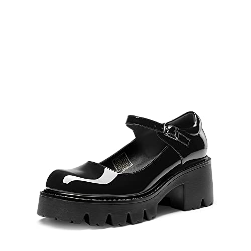 DREAM PAIRS Frauen Chunky Plattform Mary Janes Schuhe Schnalle Riemen Runde Zehe Wohnungen Seicht Mund Japanisch Süß Lolita Prinzessin Schuhe SCHWARZ-PAT SDPU2346W-NEW-E Größe 40 (EUR) von DREAM PAIRS