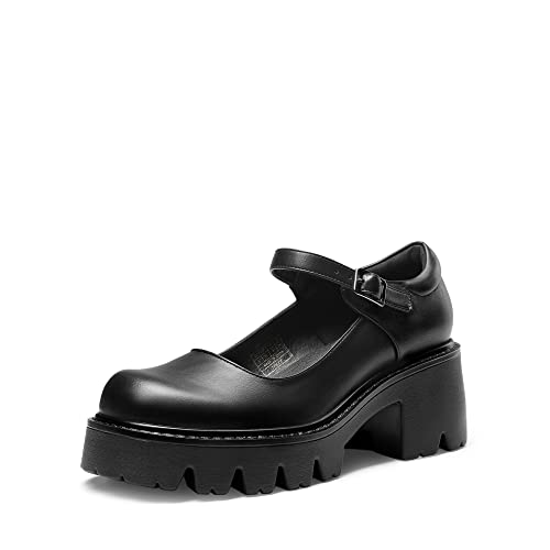 DREAM PAIRS Frauen Chunky Plattform Mary Janes Schuhe Schnalle Riemen Runde Zehe Wohnungen Seicht Mund Japanisch Süß Lolita Prinzessin Schuhe SCHWARZ-PU SDPU2346W-NEW-E Größe 40 (EUR) von DREAM PAIRS