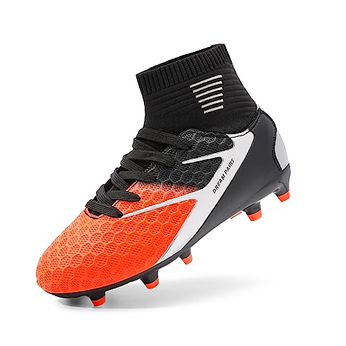 DREAM PAIRS Fußballschuhe Kinder Jungen Fußballschuhe Mädchen Atmungsaktive Fussball Schuhe Unisex Trainingsschuhe Sportschueh für Outdoor SCHWARZ/GRAU/ORANGE HZ19002K-E Größe 28 (EUR) von DREAM PAIRS