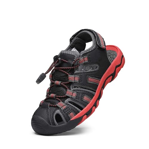 DREAM PAIRS Jungen Mädchen Sandalen Sommer Geschlossene Sport Turnschuhe Athletische Schulschuhe Klettverschluss Sportliche Sandalen Sportsandalen für Kinder SCHWARZ/GRAU/ROT 28 160912-K von DREAM PAIRS