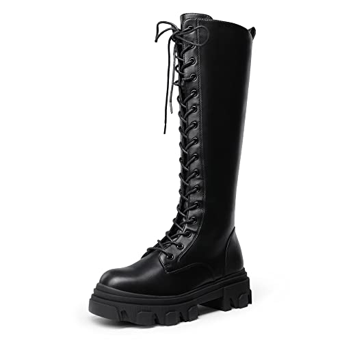 DREAM PAIRS Kniehohe Damenstiefel Stiefel Damen rutschfeste Laufsohle Stylisch und Praktisch Winterstiefel Klassische Schnürstiefel für Damen mit Plateausohle,Size 36.5,Schwarz/pu,SDKB221W von DREAM PAIRS