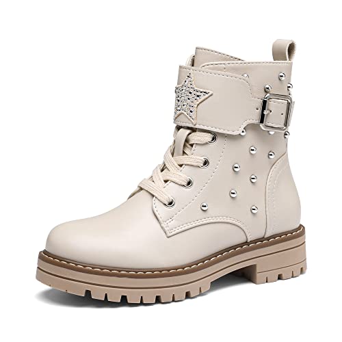 DREAM PAIRS Mädchen Jungen Mode Herbststiefel Winterstiefel Fashion Schnürstiefel Kinder Mittlere Schuhe Warm mit Futter Beige Pu 35 SDBO2231K-E von DREAM PAIRS