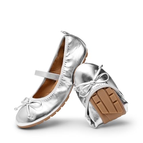 DREAM PAIRS Mädchen Ballerinas Weiße Kommunionsschuhe Festliche Prinzessinnen Flache Schuhe Mary Jane Schuhe Mit Schleife Leichtes Anziehen Faltbar Waschbar,Size 31,Silber,KKUMFA2502 von DREAM PAIRS