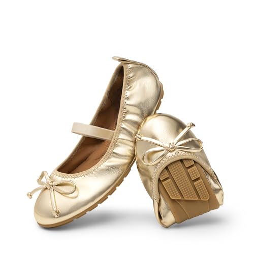 DREAM PAIRS Mädchen Ballerinas Weiße Kommunionsschuhe Festliche Prinzessinnen Flache Schuhe Mary Jane Schuhe Mit Schleife Leichtes Anziehen Faltbar Waschbar,Size 35,Gold,KKUMFA2502 von DREAM PAIRS