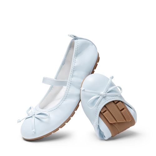 DREAM PAIRS Mädchen Ballerinas Weiße Kommunionsschuhe Festliche Prinzessinnen Flache Schuhe Mary Jane Schuhe Mit Schleife Leichtes Anziehen Faltbar Waschbar,Size 36,Licht Blau,KKUMFA2502 von DREAM PAIRS