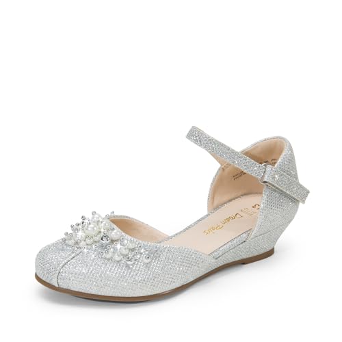 DREAM PAIRS Mädchen Prinzessin Schuhe Schulschuhe Flache Schuhe Kleiderschuhe Absätze niedrige Keilpumps mit Perlen und Strasssteinen,Size 33.5,Silber-Glitzer,SDFL2414K von DREAM PAIRS