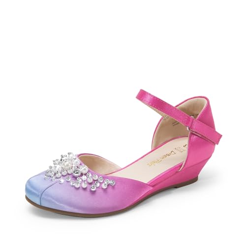 DREAM PAIRS Mädchen Prinzessin Schuhe Schulschuhe Flache Schuhe Kleiderschuhe Absätze niedrige Keilpumps mit Perlen und Strasssteinen,Size 33.5,BLAU/HEISSES ROSA,SDFL2414K von DREAM PAIRS