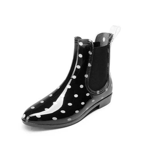 DREAM PAIRS Stiefel Damen Gummistiefel Damen Halbhoch Chelsea Boots Damen Frauen Ankle Wellies Wasserdicht Regenstiefel SDRB2402W-E Schwarz-Tupfenmuster 38EU von DREAM PAIRS