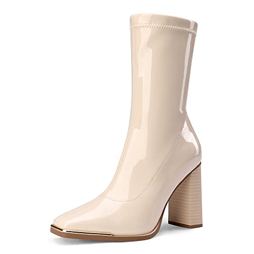 DREAM PAIRS Women's Mid-Calf Stiefel quadratische Spitze Stiefel Pointed-Toe PU Obermaterial Beige Weiß SDMB2206W-E Größe 36 (EUR) von DREAM PAIRS