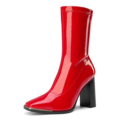 DREAM PAIRS Women's Mid-Calf Stiefel quadratische Spitze Stiefel Pointed-Toe PU Obermaterial Rot SDMB2206W-E Größe 41 (EUR) EU/41 (EUR) US von DREAM PAIRS
