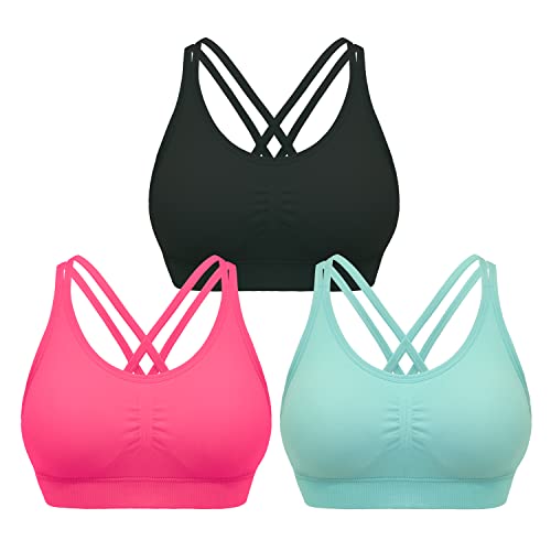 DREAM SLIM Damen Sport-BH mit gekreuzten Rückenträgern, bequem, mittlere Belastung, Bralette, kabellos, Yoga, Workout, BHs, 3 Stück, 3er-Pack Schwarz, Blau, Rot, small von DREAM SLIM