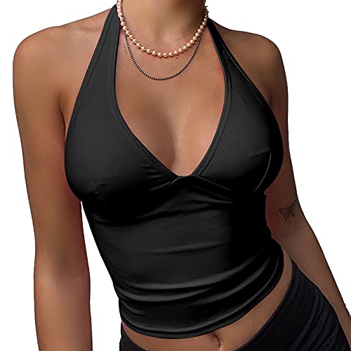 DREAM SLIM Damen Tie Back Neckholder Crop Top Sexy Tiefer V-Ausschnitt Ärmellos Tie Back Camisole Casual Workout Tank Tops, schwarz, Groß von DREAM SLIM