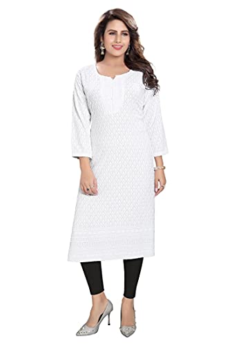 DREAM & DZIRE Damen Chickankari Kurti weiß in Farbe für formelle Verwendung plus & kleine Größe., Weiss/opulenter Garten, X-Large von DREAM & DZIRE
