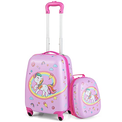 DREAMADE 2 TLG. Kinderkoffer & Rucksack, 16” +12” Kinderkofferset, Kindertrolley Kindergepäck, Handgepäck Reisegepäck Hartschalenkoffer für Kinder (Pink-Einhorn, 16 Zoll +12 Zoll) von DREAMADE