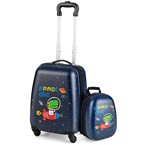 DREAMADE 2 TLG. Kinderkoffer & Rucksack, 16” +12” Kinderkofferset, Kindertrolley Kindergepäck, Handgepäck Reisegepäck Hartschalenkoffer für Kinder (Dinosaurier, 16 Zoll +12 Zoll) von DREAMADE