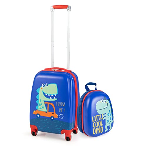 DREAMADE Kinderkoffer Jungen mit Rucksack 18"+12", 2 TLG. Kinderkoffer Set, Kindergepäck Trolley, Kindertrolley Jungen & Mädchen, Reisetrolley mit Rollen (Dinosaurier 2, 18 Zoll + 12 Zoll) von DREAMADE