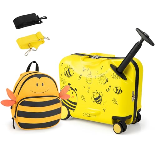 DREAMADE Kinderkoffer zum Draufsitzen, 2 TLG. Kinderkoffer mit Rucksack, Kindergepäck Trolley zum Reisen, Reisetrolley Kinder Trolley Set (Gelb-Biene, 18 Zoll +12 Zoll) von DREAMADE