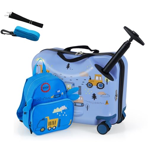 DREAMADE Kinderkoffer zum Draufsitzen, 2 TLG. Kinderkoffer mit Rucksack, Kindergepäck Trolley zum Reisen, Reisetrolley Kinder Trolley Set (18 Zoll +12 Zoll,Blau-Bagger) von DREAMADE