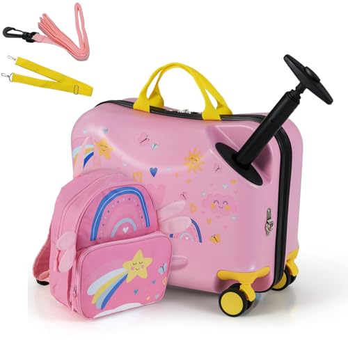 DREAMADE Kinderkoffer zum Draufsitzen, 2 TLG. Kinderkoffer mit Rucksack, Kindergepäck Trolley zum Reisen, Reisetrolley Kinder Trolley Set (18 Zoll +12 Zoll,Rosa-Stern) von DREAMADE