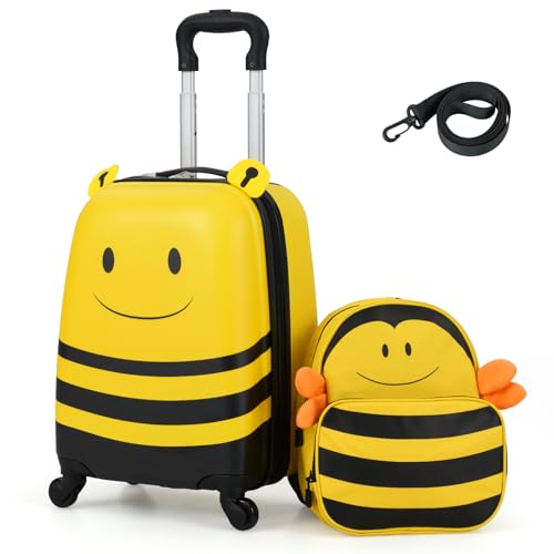 DREAMADE Kinderkoffer zum Draufsitzen, 2 TLG. Kinderkoffer mit Rucksack, Kindergepäck Trolley zum Reisen, Reisetrolley Kinder Trolley Set (Gelb-Biene, 16 Zoll +12 Zoll) von DREAMADE