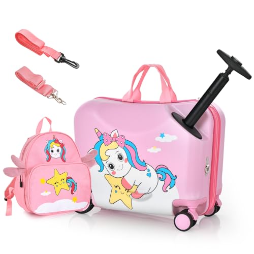 DREAMADE Kinderkoffer zum Draufsitzen, 2 TLG. Kinderkoffer mit Rucksack, Kindergepäck Trolley zum Reisen, Reisetrolley Kinder Trolley Set (Pink-Einhorn, 18 Zoll +12 Zoll) von DREAMADE