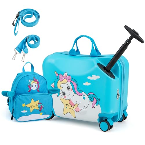 DREAMADE Kinderkoffer zum Draufsitzen, 2 TLG. Kinderkoffer mit Rucksack, Kindergepäck Trolley zum Reisen, Reisetrolley Kinder Trolley Set (Blau-Einhorn, 18 Zoll +12 Zoll) von DREAMADE