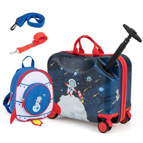 DREAMADE Kinderkoffer zum Draufsitzen, 2 TLG. Kinderkoffer mit Rucksack, Kindergepäck Trolley zum Reisen, Reisetrolley Kinder Trolley Set (Dunkelblau-Astronaut, 18 Zoll +12 Zoll) von DREAMADE