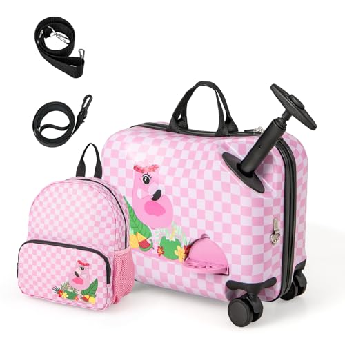 DREAMADE Kinderkoffer zum Draufsitzen, 2 TLG. Kinderkoffer mit Rucksack, Kindergepäck Trolley zum Reisen, Reisetrolley Kinder Trolley Set (Pink-Flamingo, 18 Zoll +12 Zoll) von DREAMADE
