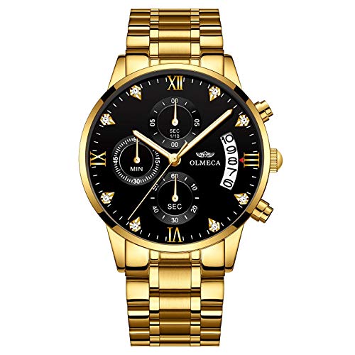 Gold Stainless Steel Men's Wrist Watches Analog Quartz Black Military Chronograph Mutifunctional Crystal Wristwatch for Man with Date Calendar von DREAMING Q&P