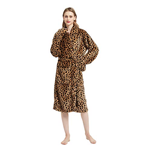 Bedruckter Bademantel Damen Frottee, 100% Flanell, Kuschelfleece Bademäntel, Leopard, One size von DREAMLANDING