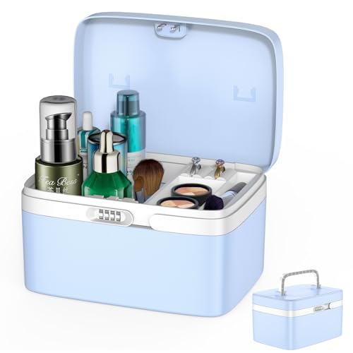 Kosmetikkoffer Groß Make up Koffer Schminkkoffer ABS Beauty Case Abschließbarer Friseurkoffer Nagelkoffer Werkzugkoffer Mädchen Schminkkoffer Beauty Case (Blue) von DREAMME