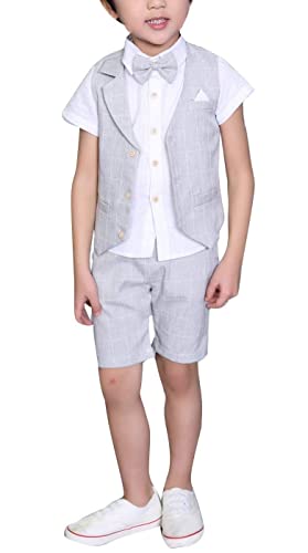 4 STK.Kleinkind Junge Sommerhochzeit Kinderanzug,Festliche Anzüge Westen Set für Kinder, Sommerlicher Jungen Anzug,Grau,98-104 (Tag 100) von LOLANTA