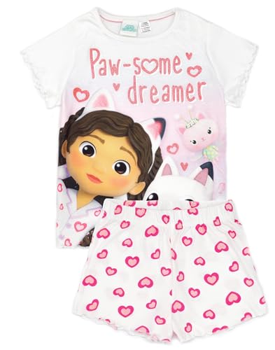 Gabbys Dollhouse Weißes Pyjama-Set | Kinder Gabby T-Shirt und Shorts Pyjama-Set | Pfoten-Some Träumerkatze Design | Offizielles Merchandise | Kuscheliges Loungewear-Geschenk von DREAMWORKS GABBY'S DOLLHOUSE