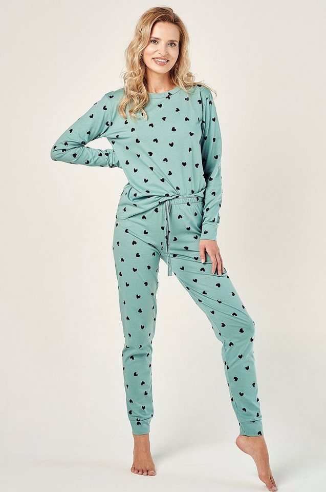 Mademoiselle Sommeil Pyjama Damen Schlafanzug in dunkelgrün mit Herzdruck (2 tlg) von Mademoiselle Sommeil