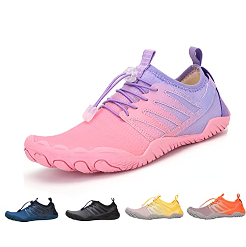 DRECAGE Schnell-Trocknend Badeschuhe Wasserschuhe Herren Damen Barfußschuhe Auqaschuhe Für Wassersport Fitness Schwimmen Surfen rutschfest Leicht Pink Lila 36EU von DRECAGE