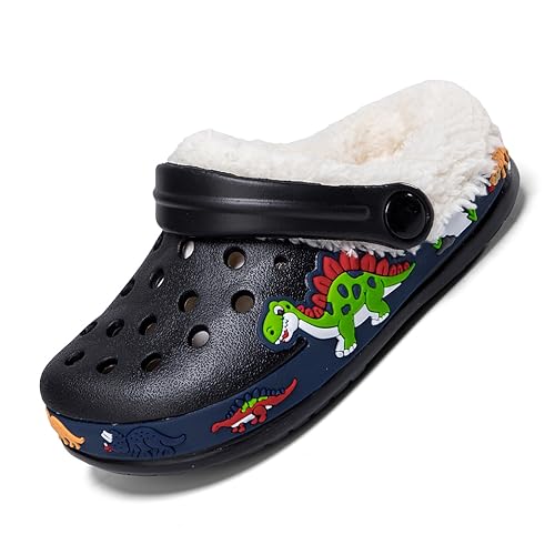 DRECAGE Gefüttert Unisex Kinder Clogs Pantoffeln Dinosaurier, Eva Gartenclogs Gummi Badeschuhe Hausschuhe für Jungen Mädchen 26 EU Schwarz von DRECAGE