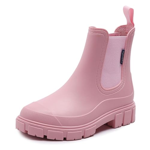 DRECAGE Gummistiefel Damen Wasserdicht Stiefel Damen Halbhoch Ankle Chelsea Boots Stylisch Stiefeletten mit Rutschfest Sohle Rosa 39 von DRECAGE