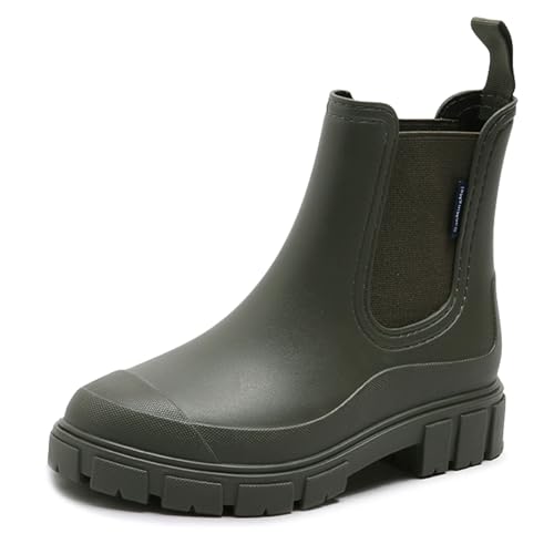 DRECAGE Gummistiefel Damen Wasserdicht Stiefel Damen Halbhoch Ankle Chelsea Boots Stylisch Stiefeletten mit Rutschfest Sohle Grün 42 von DRECAGE