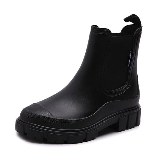 DRECAGE Gummistiefel Damen Wasserdicht Stiefel Damen Halbhoch Ankle Chelsea Boots Stylisch Stiefeletten mit Rutschfest Sohle Schwarz 42 von DRECAGE