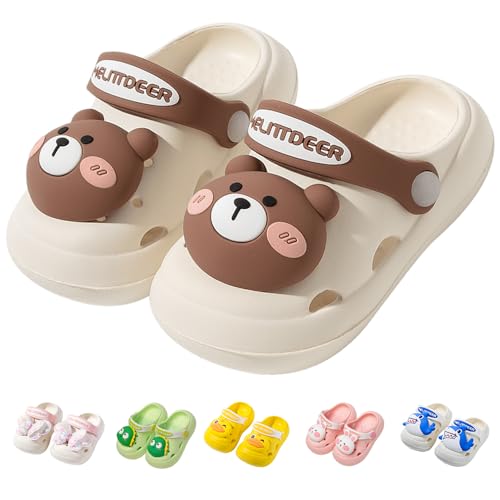 DRECAGE Kinder Clogs Mädchen Jungen Pantoffeln Gartenschuhe Leichte Gartenclogs Badeschuhe Unisex Hausschuhe Sommer Sandalen Beige Bär 21 EU von DRECAGE