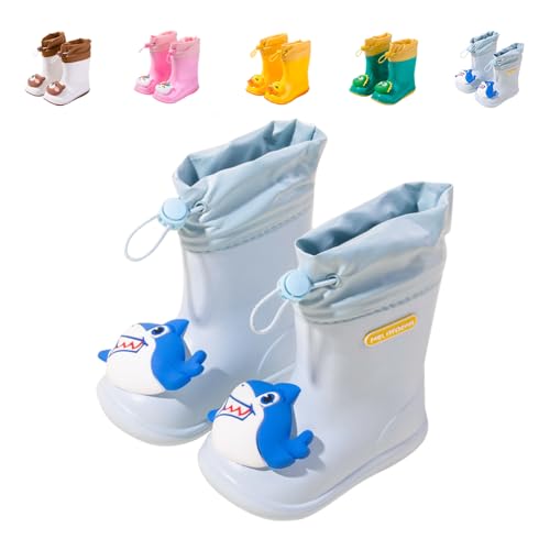 DRECAGE Kinder Gummistiefel Regenschuhe Rutschfest Leicht Regenstiefel für Jungen und Mädchen Blau Hai 20/21 EU von DRECAGE