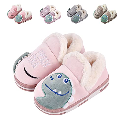 DRECAGE Kinder Hausschuhe Jungen Mädchen Plüsch Pantoffeln Winter,Hausschuhe Dinosaurier rutschfest Slipper Pink 28/29 EU(Etikettengröße 210) von DRECAGE