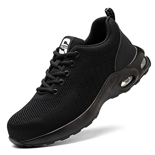 DRECAGE Sicherheitsschuhe Herren Leicht Arbeitsschuhe Damen Sportliche Atmungsaktive Stahlkappenschuhe rutschfest Luftkissen Schutzschuhe 9192 Schwarz 36 EU A von DRECAGE