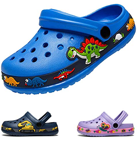 DRECAGE Unisex Kinder Clogs Pantoffeln Dinosaurier Gr.24-30 EU, Eva Gartenclogs Gummi Badeschuhe Hausschuhe für Jungen Mädchen 24 EU Blau von DRECAGE