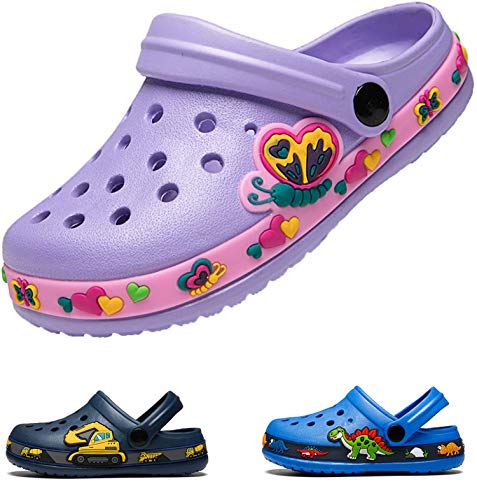 DRECAGE Unisex Kinder Clogs Pantoffeln Dinosaurier Gr.24-30 EU, Eva Gartenclogs Gummi Badeschuhe Hausschuhe für Jungen Mädchen 28 EU Violett von DRECAGE