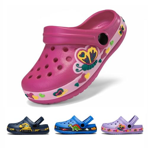 DRECAGE Unisex Kinder Clogs Pantoffeln DinosaurierGr.24-33 EU, Eva Gartenclogs Gummi Badeschuhe Hausschuhe für Jungen Mädchen 29 EU Magenta von DRECAGE