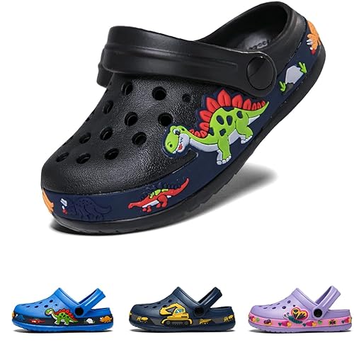DRECAGE Unisex Kinder Clogs Pantoffeln DinosaurierGr.24-33 EU, Eva Gartenclogs Gummi Badeschuhe Hausschuhe für Jungen Mädchen 25 EU Schwarz Dinosaurier von DRECAGE