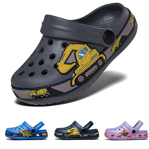 DRECAGE Unisex Kinder Clogs Pantoffeln DinosaurierGr.24-33 EU, Eva Gartenclogs Gummi Badeschuhe Hausschuhe für Jungen Mädchen 28 EU Grau Bagger von DRECAGE